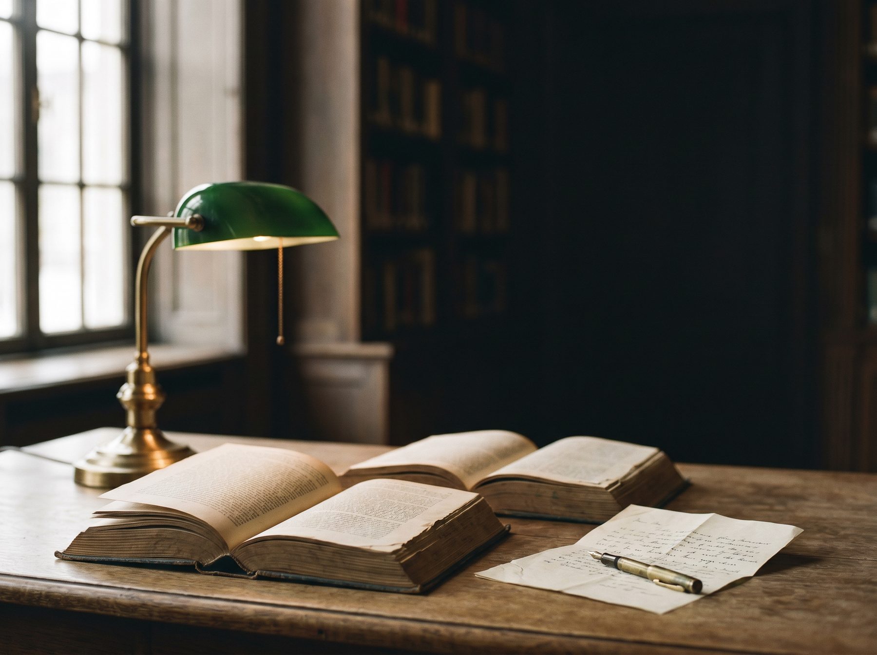 A reading desk by a tall window: open books, a handwritten letter, and a brass lamp.