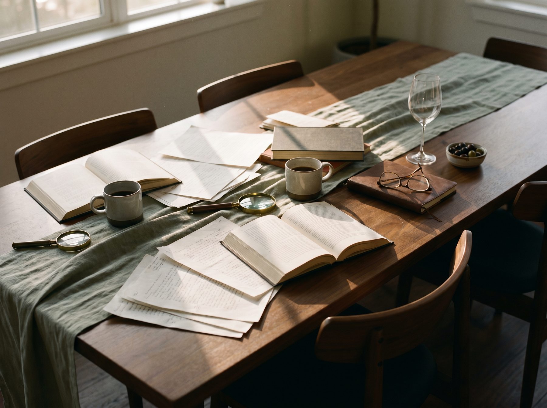 A long wooden table after a working session: open books, scattered papers with margin notes, coffee mugs, a brass magnifying glass, and a folded pair of reading glasses on a journal.